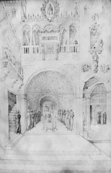 Tod der Jungfrau in der reichen Architektur eines venezianischen Palastes, aus dem Album von Jacopo Bellini